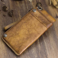 Handmade leather long wallet, retro multi-card men's wallet, leather large-capacity zipper wallet