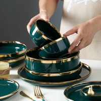 北歐風輕奢祖母綠餐具套裝網紅組合盤子碗筷家用陶瓷飯碗小碗