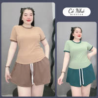 Đồ Bộ Bigsize Nữ Áo Thun Tay Ngắn Nhấn Viền Màu Kèm Quần Short Lưng Chun Có Dây Rút Thể Thao SET11 S