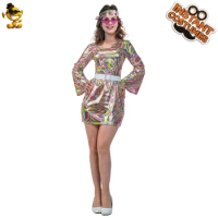 Adult Women Hippie Costume 60s 70s Disco Dresses Cosplay Rocker Stage Performance Dress Halloween Party Fancy Retro Outfit