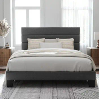 Slat Platform Bed Frame King Size with Fabric Upholstered Headboard