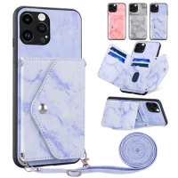 Phone Case For Apple iPhone 13 mini 13 Pro 13 Pro Max 13mini 13Pro 13ProMax Wallet Cover Crossbody Strap Marble Card Holder Cell