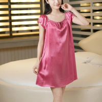 Hangzhou silk 100% mulberry silk nightdress women's silk pajamas loose home wear pink princess skirt bag