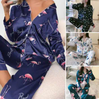 1Set Women Pajama Set Floral Print Silky Lady Pajama Set Long Sleeve Homewear Shirt Wide Leg Pants Sleepwear for Women Spring