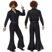 Mens Shiny Sequins 70s Disco Shirt Costume Adult Fashion Disco Dude Halloween Costume Bell Bottom Pants Long Sleeve Shirts Set
