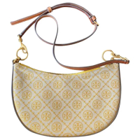 【TORY BURCH】TORY BURCH 專櫃款 T MONOGRAM緹花LOGO織布拉鍊半月包 黃色(母親節送禮)