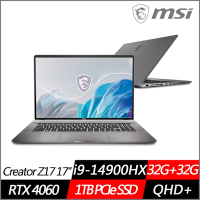 MSI微星 Creator Z17 HX Studio A14VFT-413TW 17吋電競筆電 i9-14900HX/RTX4060/32G+32G/1TB PCIe SSD/Win11/特仕版)