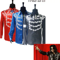 Rare Fashion MJ Michael Jackson US England THIS IS IT Handmade 100% Crystal On Silver Printing Shirt Jacket In 3 Color