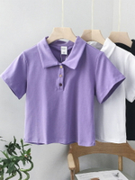 年新款短袖短款淡紫色上衣女日系polo衫復古設計感小眾襯衫夏