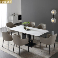 FSUBEST Ltalian Rock Slab Kitchen Dining Tables and Chair Set Carbon Steel Frame Faux Marble Table Kitchen Furniture Mesa Jantar