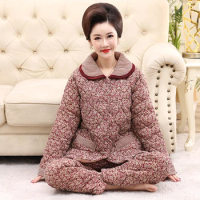 Small Flower Winter 3Layers Quilted Pajama For Middle-Age Women Cotton Long Sleeved Pant Sets Warm Women's Suit Winter Sleepwear