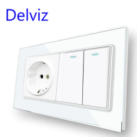 Delviz 16A Wall Light Switch,2 Gang 2Way / 1Way push button on-off, White Tempered Crystal Glass Panel, EU Standard Power Socket