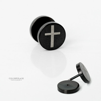 鋼製黑色圓型十字架耳針耳環【ND466】柒彩年代