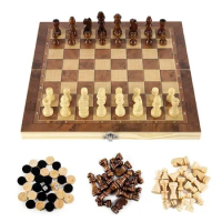 Chess Wooden Checker Board Solid Wood Pieces Folding Chess Board High-end Puzzle Chess Game (Chess + Checkers and Backgammon)
