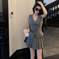 氣質時尚西裝馬甲套裝女夏季高級感無袖背心上衣百褶短裙子兩件套—貼心服飾