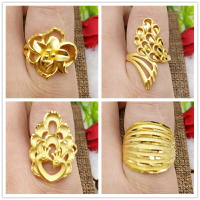雅夢緹新款細磨砂鍍黃金戒指女士仿3D硬金假金孔雀花朵沙金戒指歐