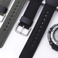 Solid Stainless Steel Fold Buckle Watch Strap for Casio SGW-100 Nylon Sweat-Proof Canvas SGW-200/Prg110 Series 24x12mm Watchband