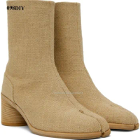 6.5Cm Heeled Split Toe Block Heel Ankle Boots Men Plain Jute Beige Casual Shoes Retro Sock Booties Runway Shoes Plus Size 48