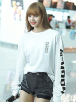 韓國明星blackpink jennie同款字母印花白色長袖女T恤2022夏防曬