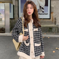 Newlan WT008 Outer kardigan tweed wanita lengan panjang kotak-kotak hitam putih Outwear Wanita Ryhme