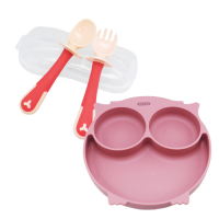 兒童矽膠餐盤-貓頭鷹-玫瑰粉X1入+矽膠兒童學習叉匙組-粉橘色X1組