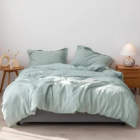 100% Linen Duvet Cover Set Style Stone Washed Pieces1 Duvet Cover 2 Pillow Shams Button Closure Soft Breathable Mint Green,King