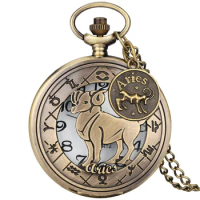12 Constellation Brown Hollow Pocket Watch for Men Aries Bronze Creative Necklace and Label Leisure Quartz Wristwatch Best Gift
