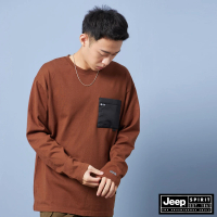 【JEEP】男裝拼接口袋寬版厚磅長袖T恤(咖啡色)