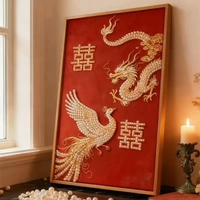 全城熱賣 - 新中式龍鳳呈祥仿珍珠客廳裝飾畫新人結婚送禮喜慶寓意好玄關掛畫B《喜鳳送福》50*70/CM手工裝裱可|啞光質感+鋁合金框+高清藝術微噴鋁合金拉絲-木紋色