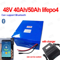 GTK 48V 50Ah Lifepo4 48v 40AH lithium battery Bluetooth BMS APP 16S for 2000w Scooter bike tricycle boat go cart +5A charger