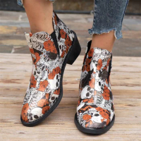 Women Vintage Printed Cowboy Boots 2024 Autumn Winter New Pu Leather Ankle Boots Woman Slip on Thick Heels Chelsea Botines Mujer