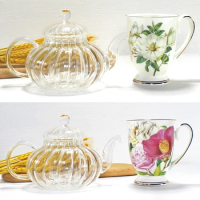 2pcs set, pumpkin glass tea pot and bone china coffee cup set, for tea party, tazza coffe set, vinta