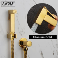 Awolf Titanium Gold Hygienic Shower Solid Brass Toilet Bidet Sprayer Set Square Shattaf Shower Head &amp; Anal Shower System AP2108