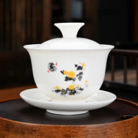 Vintage Hand-painted Ceramic Gaiwan Tea Cup Chinese Style Tea Bowl Kung Fu Tea Set Chawanmushi Bowl With Lid Gaiwan Jingde Town