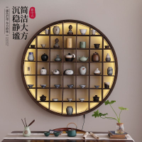 免運 墻上置物架 背景裝飾架 圓形博古架實木中式強上壁掛式多寶閣置物架掛墻茶壺架子仿古董架 公司貨 可開發票