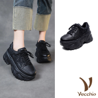 【Vecchio】真皮休閒鞋 厚底休閒鞋/真皮頭層牛皮個性鬆糕厚底時尚休閒鞋(黑)