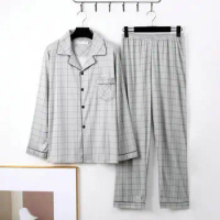 Men Sleepwear Plaid Print Cotton Pajama Sets for Man Long Sleeve Pajama Pants Sleepwear Pyjama Male Homewear Lounge Wear Clothes