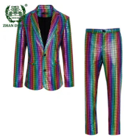 Shiny Green Metallic Sequins Suits for Men Blazer with Pants Set Two-Piece Set Outfit 70s Disco Nightclub Prom Costume Homme 4XL