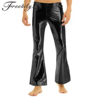 Men Shiny Metallic Disco Pants Bell Bottom Flared Long Pants Nightclub Stage Costume Trousers Men's Mid Waist Wide Leg Pants