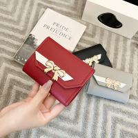 Dompet Pendek Bow dengan Butang Snap Comel, Dompet Lipat Wanita, Beg Tangan Mini Kecil, Pemegang Kad