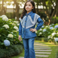 HanaBalQuesKids Setelan Baju Anak Perempuan Jeans & Brukat Premium Import Size 3-12 Tahun Bonus Band