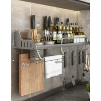 廚房筷子刀架調料用品收納掛架(40雙杯3刀槽6掛鈎-槍灰色)(尺寸:40*14*9.5*8CM)