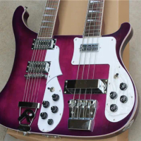 Rickenb double head double neck, 12 string multi string electric guitar plus four string bass, purple body, I-shaped pickup,