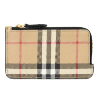 【BURBERRY 巴寶莉】英系經典格紋牛皮拼接信用卡零錢包(卡其/黑)