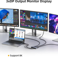 8K DP Splitter to 3DisplayPort 4K60Hz 1in3 DisplayPort Hub DP Distributor Multi Monitor Adapter MST Displayer for Laptop Desktop