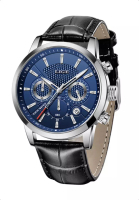 LIGE LIGE 計時碼表男女通用不銹鋼石英手錶 43 毫米，藍色錶盤，黑色皮革錶帶