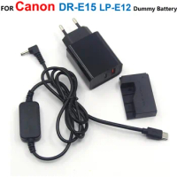 DR-E15 Coupler LP-E12 Dummy Battery+ACK-E10 USB Type-C Power Bank Cable+PD Charger For Canon EOS 100D Kiss x7 Rebel SL1 SX70HS