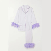 2024 Long Sleeved Sleepwear 100% Ostrich Feather Pajamas for Women Luxury Home Clothes Two Piece Purple Pajama Set Party Wear