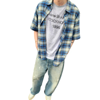 เสื้อเชิ้ตคู่รัก, ลายสก๊อตขี้เกียจสีน้ำเงินย้อนยุคอเมริกันวินเทจ, เสื้อแจ็คเก็ตลำลองหลวม, แขนสั้นฤดู