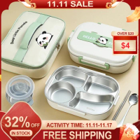 Stainless Steel Heat Preservation Bento Box with Cutlery Set 2/4/5 Grids Leakproof Lunch Box Panda for Children School Picnic